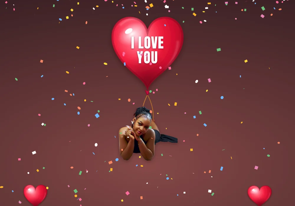 A red heart balloon reading "I LOVE YOU" rising through falling confetti, carrying a photo