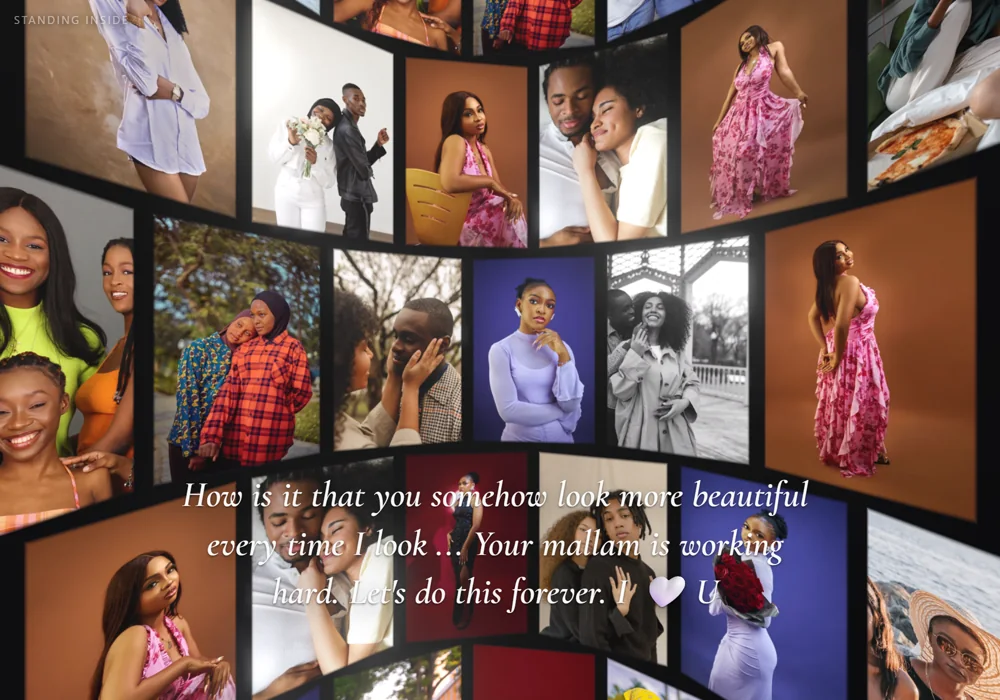 A curved wall of dozens of photographs surrounding the viewer, with a handwritten-style caption across the middle