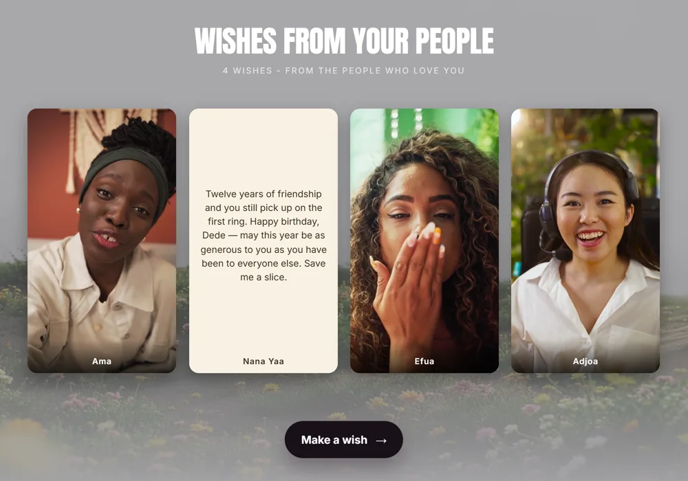 Four wishes from friends shown as cards — three video messages and one written note