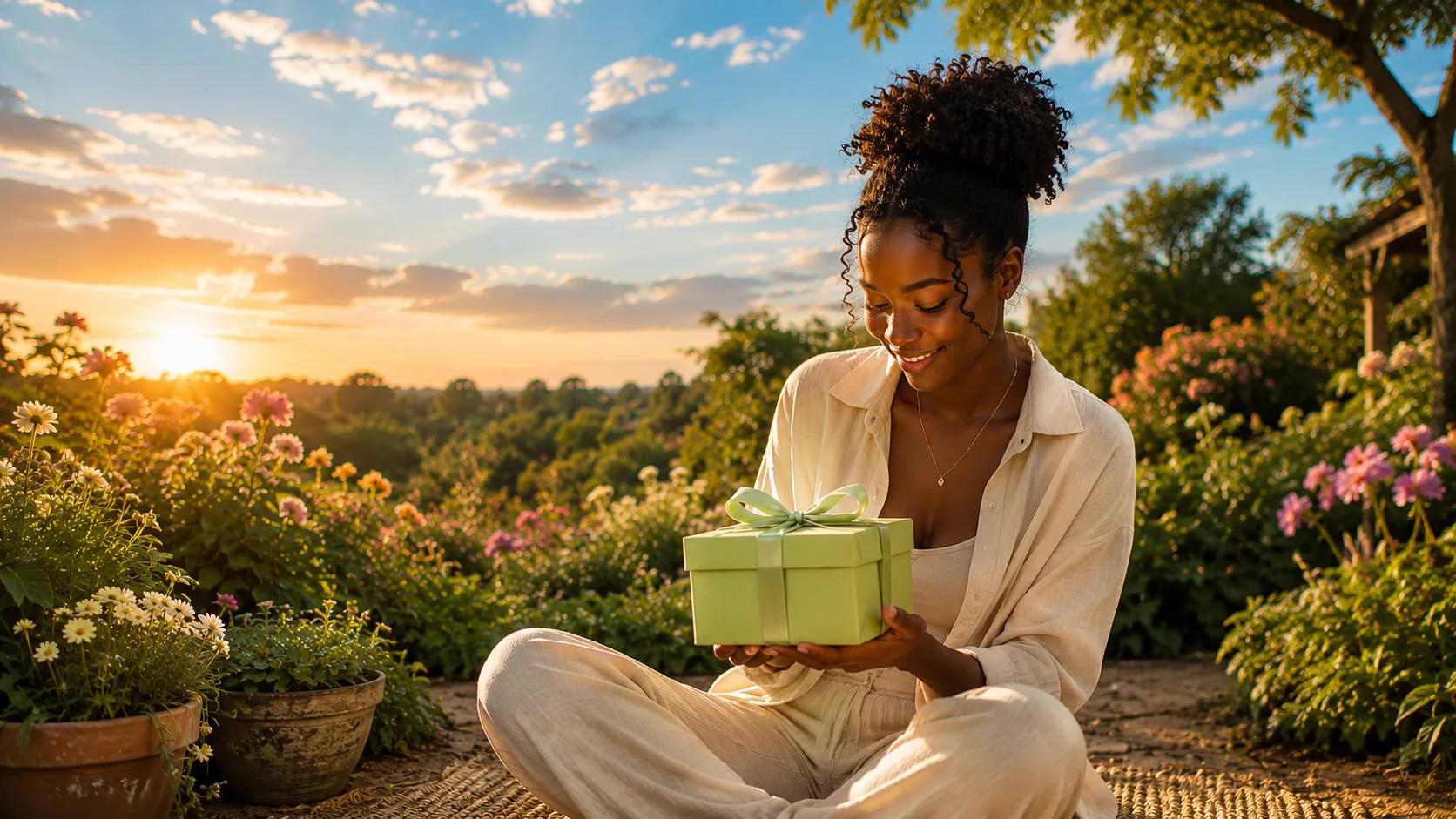 A woman sitting in a garden at sunset, smiling down at a green gift box in her hands