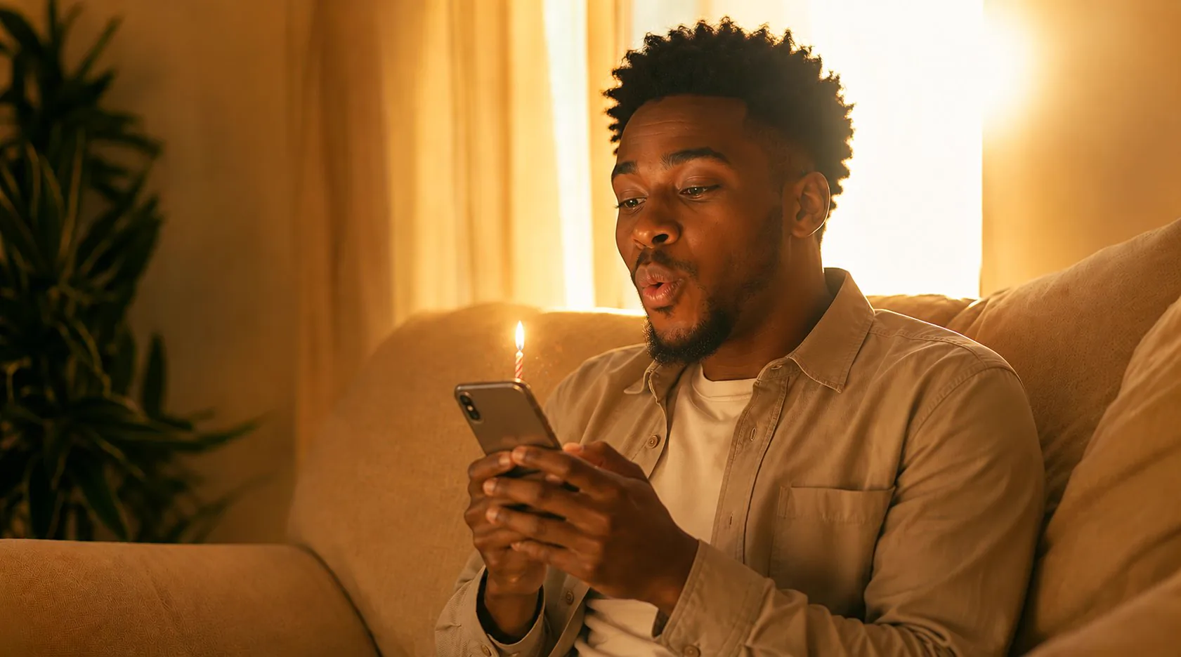 Someone blowing at a lit candle on their phone screen